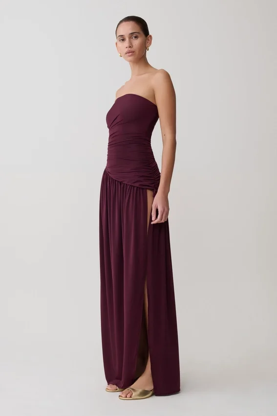 Bex Strapless Slinky Maxi Dress With Split – Burgundy Bex Strapless Slinky Maxi Dress With Split – Burgundy
