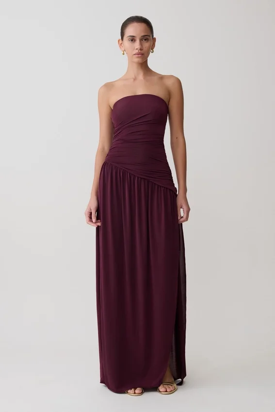 Bex Strapless Slinky Maxi Dress With Split – Burgundy Bex Strapless Slinky Maxi Dress With Split – Burgundy