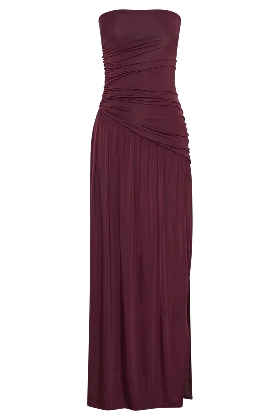 Bex Strapless Slinky Maxi Dress With Split – Burgundy Bex Strapless Slinky Maxi Dress With Split – Burgundy