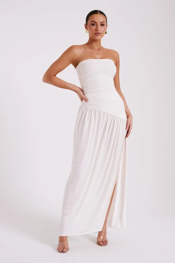 Bex Strapless Slinky Maxi Dress With Split – Ivory Bex Strapless Slinky Maxi Dress With Split – Ivory