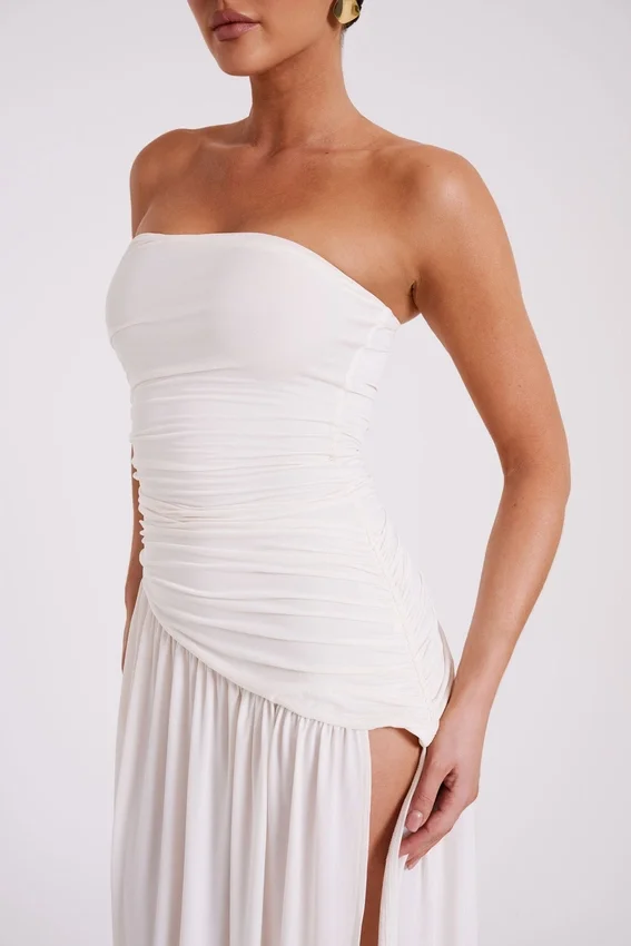 Bex Strapless Slinky Maxi Dress With Split – Ivory Bex Strapless Slinky Maxi Dress With Split – Ivory