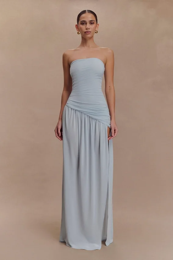 Bex Strapless Slinky Maxi Dress With Split – Pale Blue Bex Strapless Slinky Maxi Dress With Split – Pale Blue