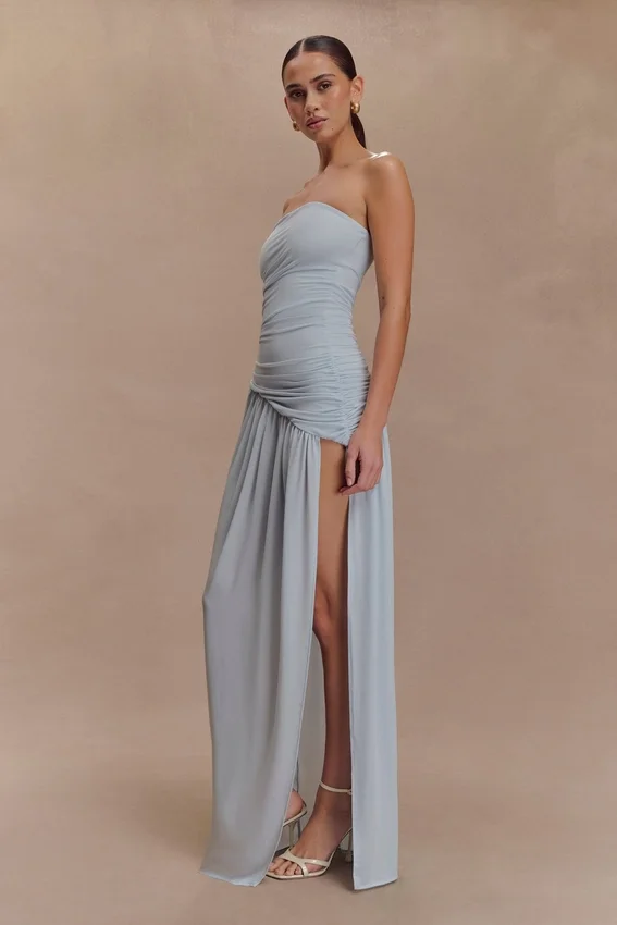 Bex Strapless Slinky Maxi Dress With Split – Pale Blue Bex Strapless Slinky Maxi Dress With Split – Pale Blue
