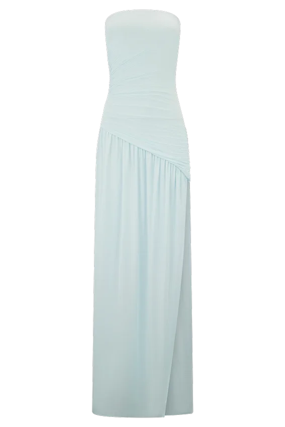 Bex Strapless Slinky Maxi Dress With Split – Pale Blue Bex Strapless Slinky Maxi Dress With Split – Pale Blue