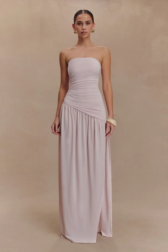 Bex Strapless Slinky Maxi Dress With Split – Pale Pink Bex Strapless Slinky Maxi Dress With Split – Pale Pink