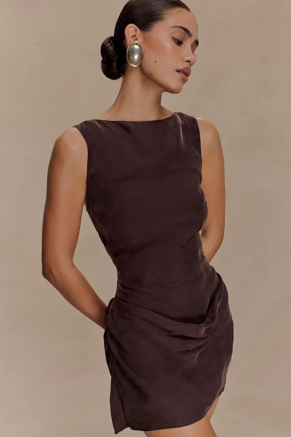 Bexley Draped Mini Dress – Dark Chocolate Bexley Draped Mini Dress – Dark Chocolate