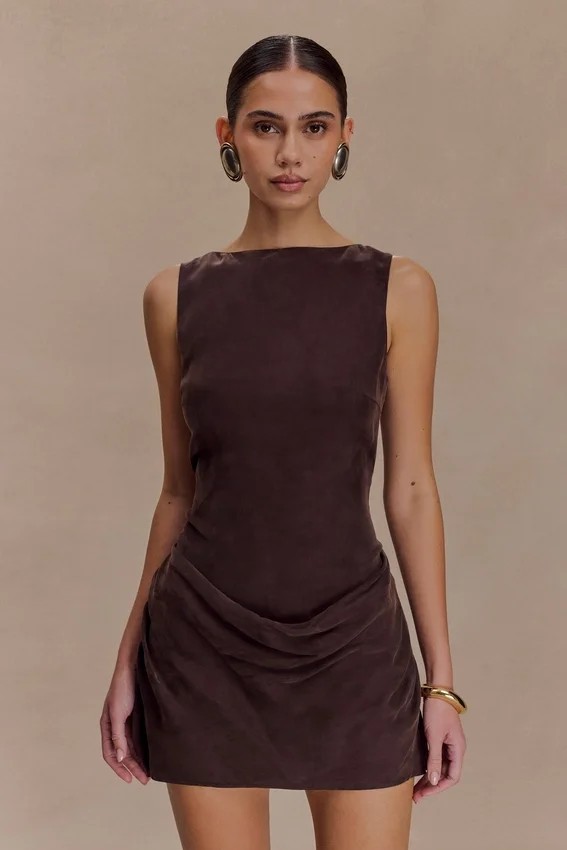 Bexley Draped Mini Dress – Dark Chocolate Bexley Draped Mini Dress – Dark Chocolate
