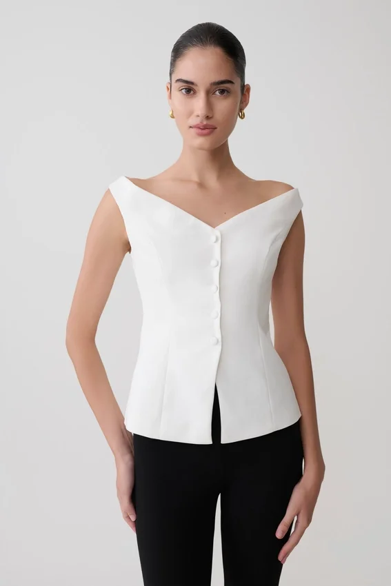Billie Off Shoulder Sleeveless Button Top – White Billie Off Shoulder Sleeveless Button Top – White