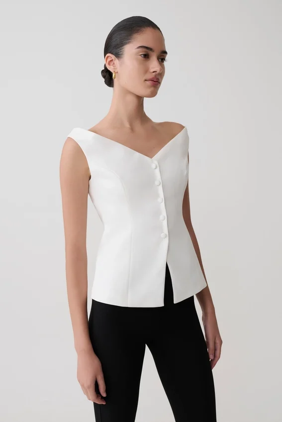 Billie Off Shoulder Sleeveless Button Top – White Billie Off Shoulder Sleeveless Button Top – White