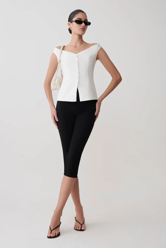 Billie Off Shoulder Sleeveless Button Top – White Billie Off Shoulder Sleeveless Button Top – White