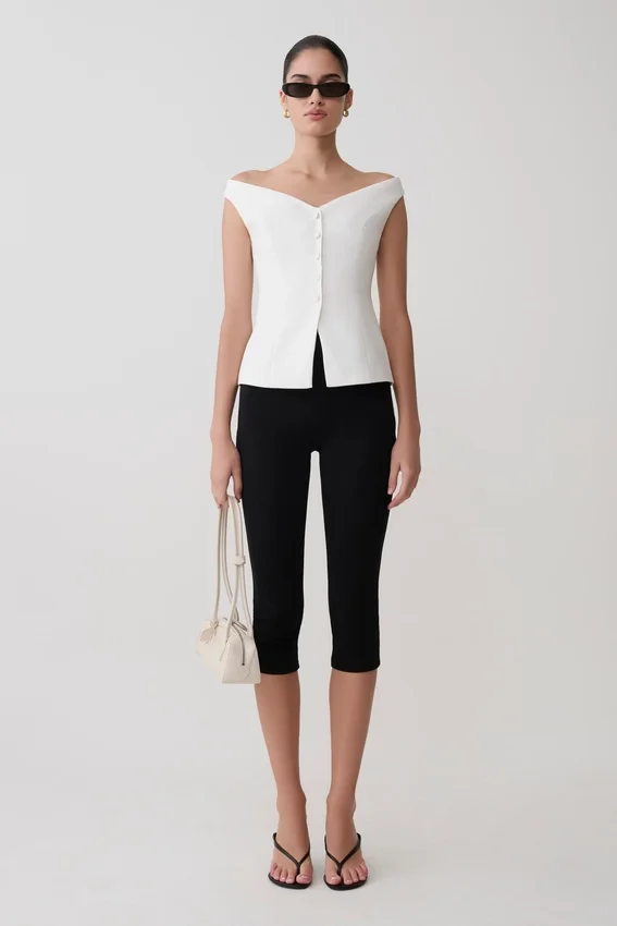 Billie Off Shoulder Sleeveless Button Top – White Billie Off Shoulder Sleeveless Button Top – White