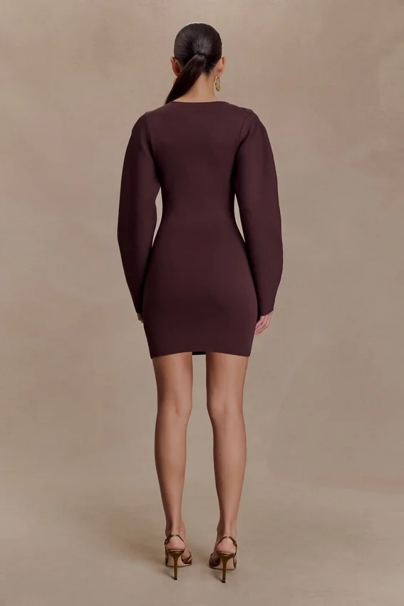 Billy Balloon Sleeve Knit Mini Dress – Dark Chocolate Billy Balloon Sleeve Knit Mini Dress – Dark Chocolate