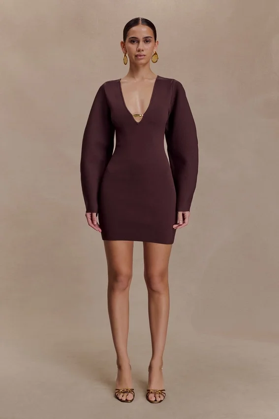 Billy Balloon Sleeve Knit Mini Dress – Dark Chocolate Billy Balloon Sleeve Knit Mini Dress – Dark Chocolate