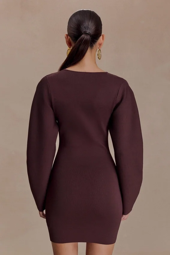 Billy Balloon Sleeve Knit Mini Dress – Dark Chocolate Billy Balloon Sleeve Knit Mini Dress – Dark Chocolate