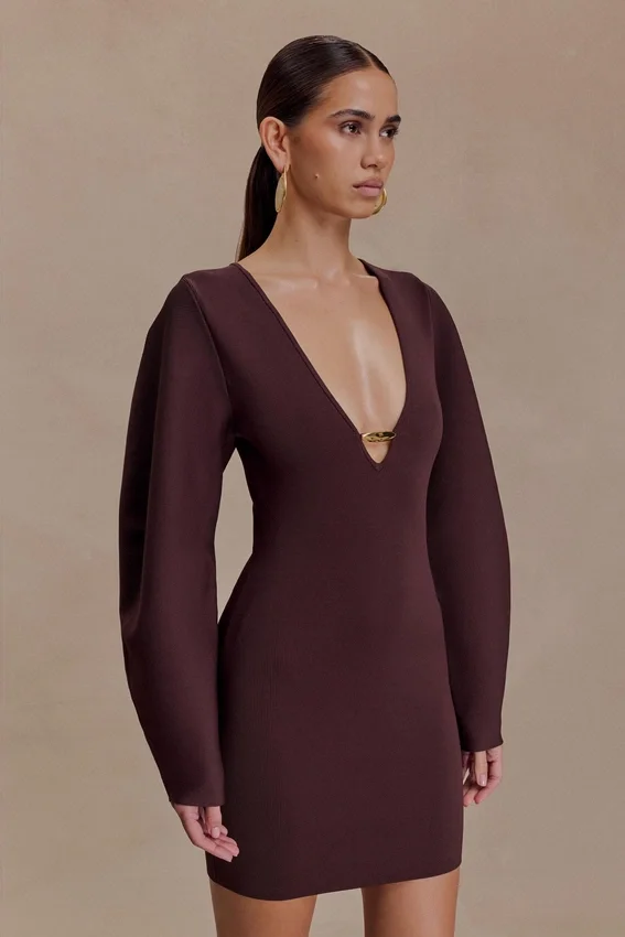 Billy Balloon Sleeve Knit Mini Dress – Dark Chocolate Billy Balloon Sleeve Knit Mini Dress – Dark Chocolate