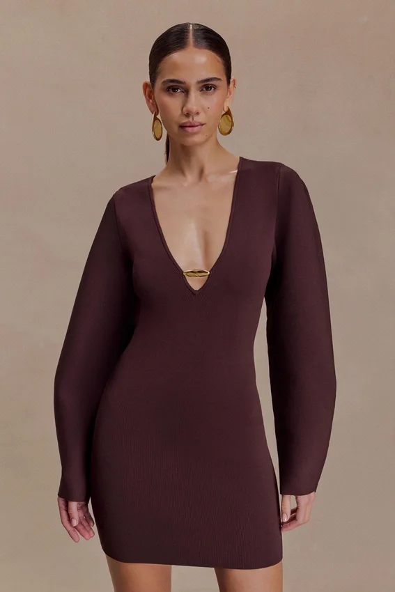 Billy Balloon Sleeve Knit Mini Dress – Dark Chocolate Billy Balloon Sleeve Knit Mini Dress – Dark Chocolate