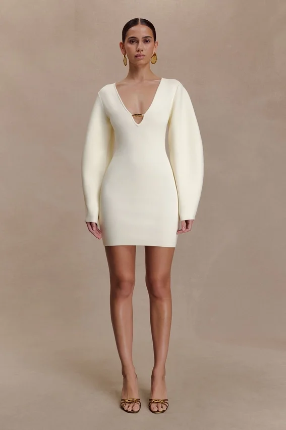 Billy Balloon Sleeve Knit Mini Dress – Ivory Billy Balloon Sleeve Knit Mini Dress – Ivory