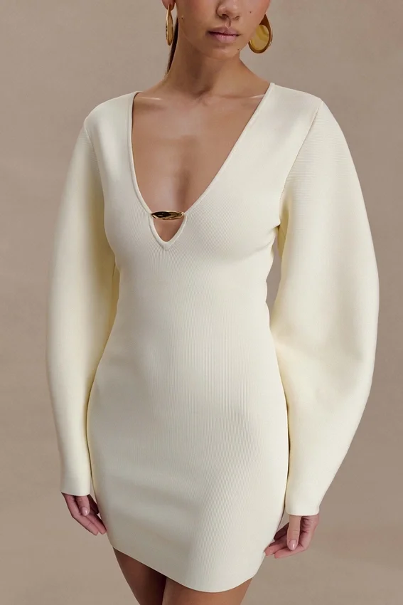 Billy Balloon Sleeve Knit Mini Dress – Ivory Billy Balloon Sleeve Knit Mini Dress – Ivory