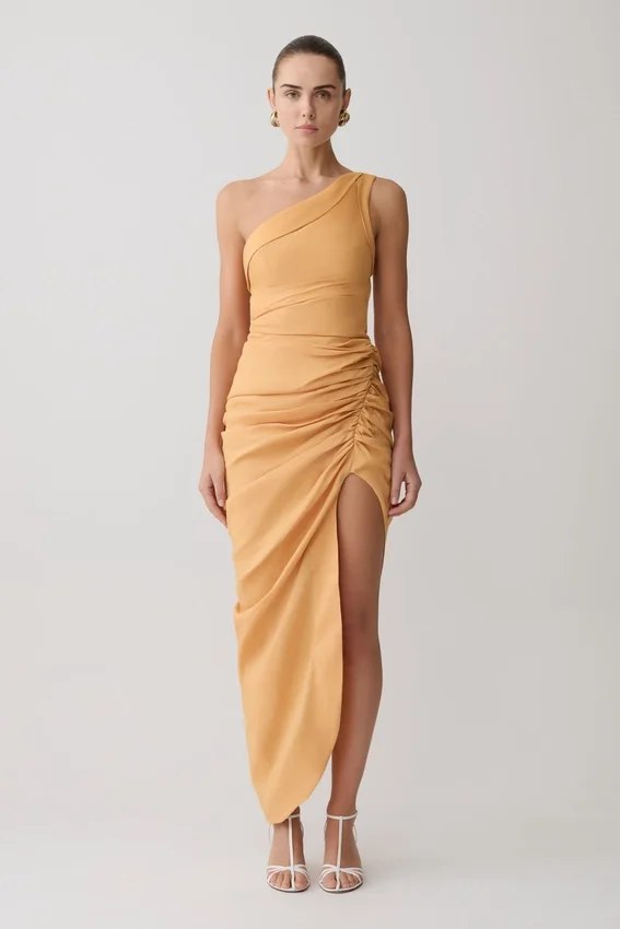 Birgit Linen Midi Dress With Hardware – Deep Peach Birgit Linen Midi Dress With Hardware – Deep Peach