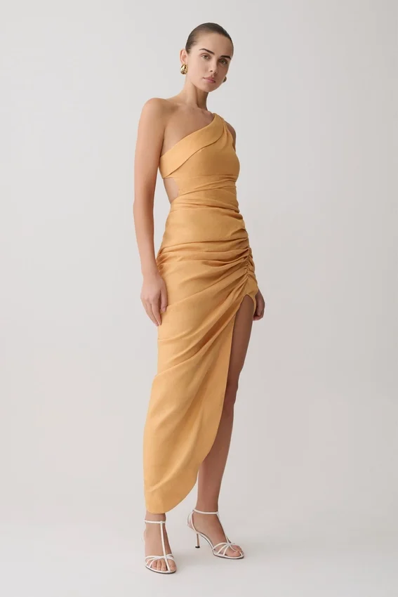 Birgit Linen Midi Dress With Hardware – Deep Peach Birgit Linen Midi Dress With Hardware – Deep Peach