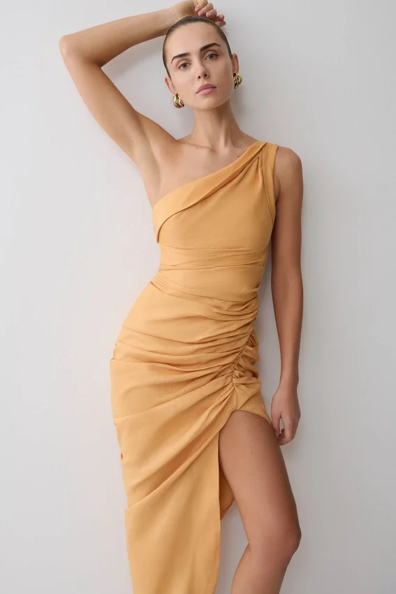 Birgit Linen Midi Dress With Hardware – Deep Peach Birgit Linen Midi Dress With Hardware – Deep Peach
