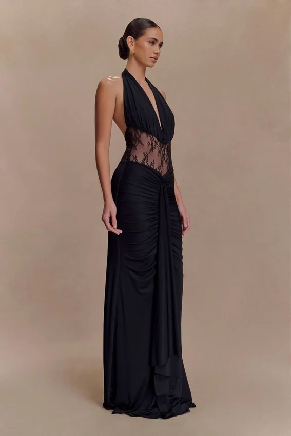 Bonnie Slinky And Lace Maxi Dress – Black Bonnie Slinky And Lace Maxi Dress – Black