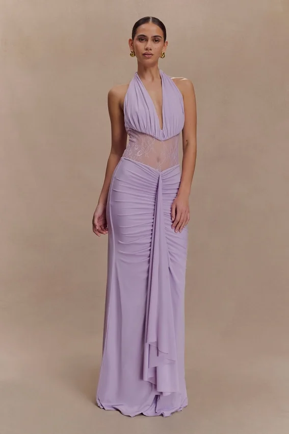 Bonnie Slinky And Lace Maxi Dress – Lilac Bonnie Slinky And Lace Maxi Dress – Lilac
