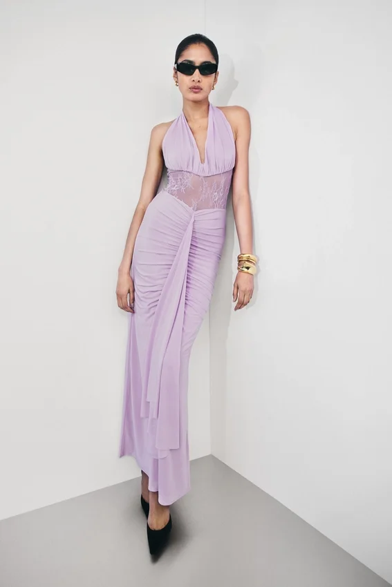 Bonnie Slinky And Lace Maxi Dress – Lilac Bonnie Slinky And Lace Maxi Dress – Lilac