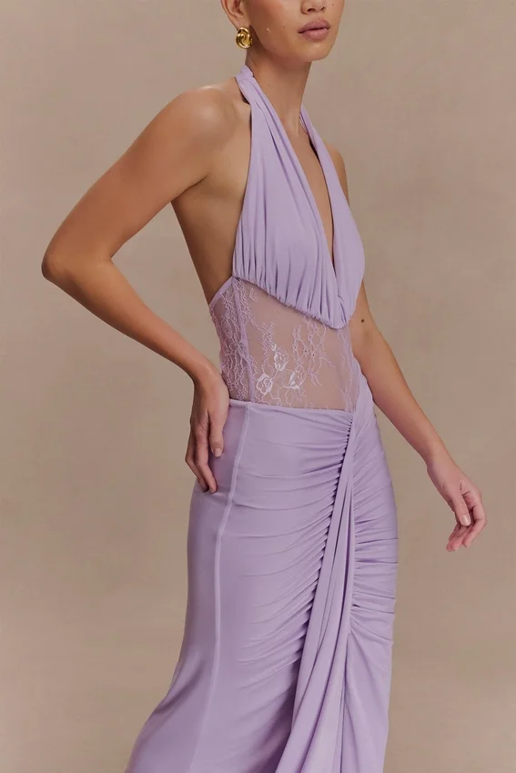 Bonnie Slinky And Lace Maxi Dress – Lilac Bonnie Slinky And Lace Maxi Dress – Lilac