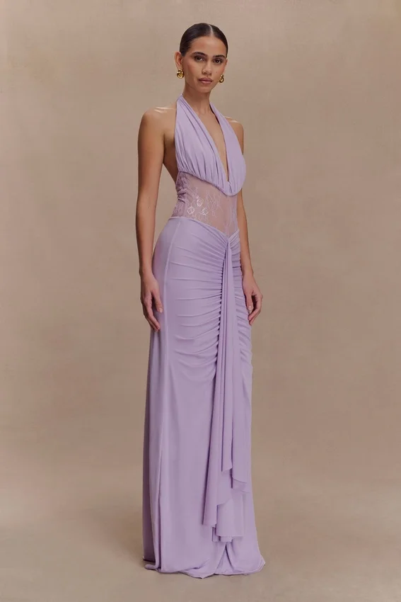 Bonnie Slinky And Lace Maxi Dress – Lilac Bonnie Slinky And Lace Maxi Dress – Lilac