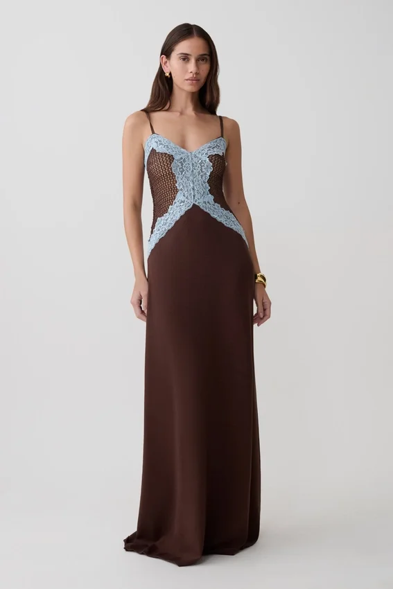 Bray Knit & Lace Maxi Dress – Chocolate/Blue Bray Knit & Lace Maxi Dress – Chocolate/Blue