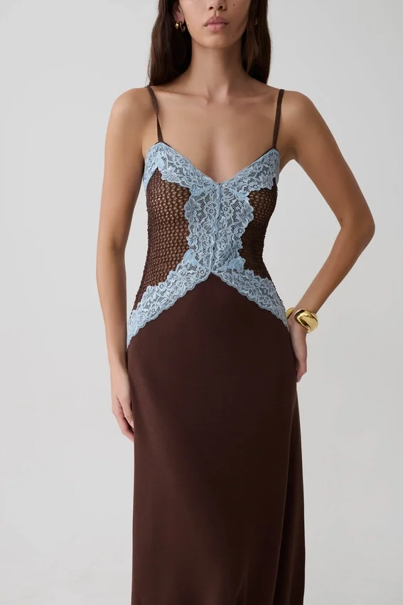 Bray Knit & Lace Maxi Dress – Chocolate/Blue Bray Knit & Lace Maxi Dress – Chocolate/Blue