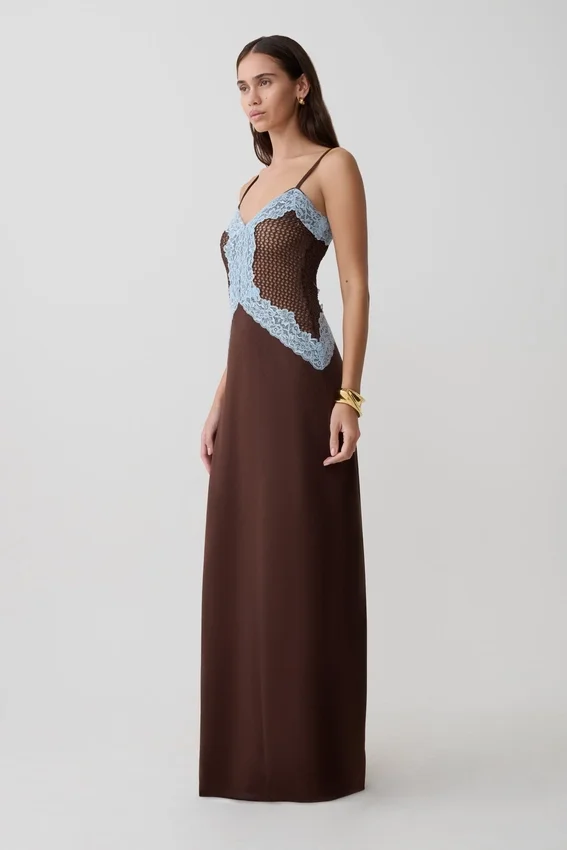 Bray Knit & Lace Maxi Dress – Chocolate/Blue Bray Knit & Lace Maxi Dress – Chocolate/Blue