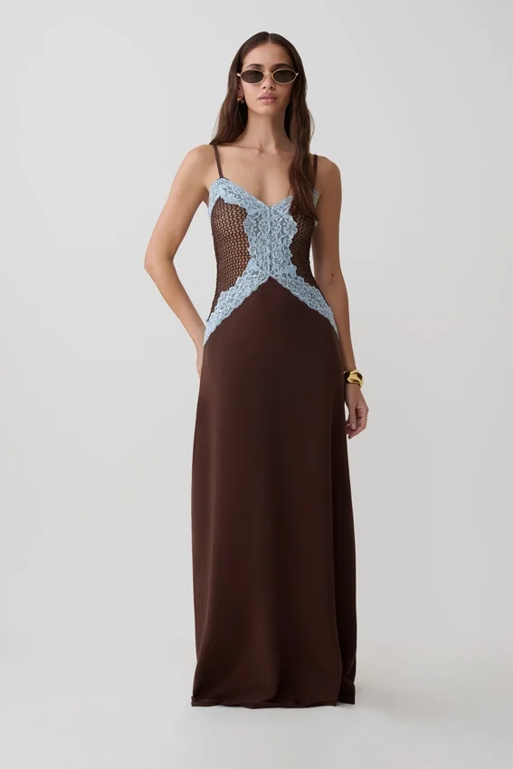Bray Knit & Lace Maxi Dress – Chocolate/Blue Bray Knit & Lace Maxi Dress – Chocolate/Blue