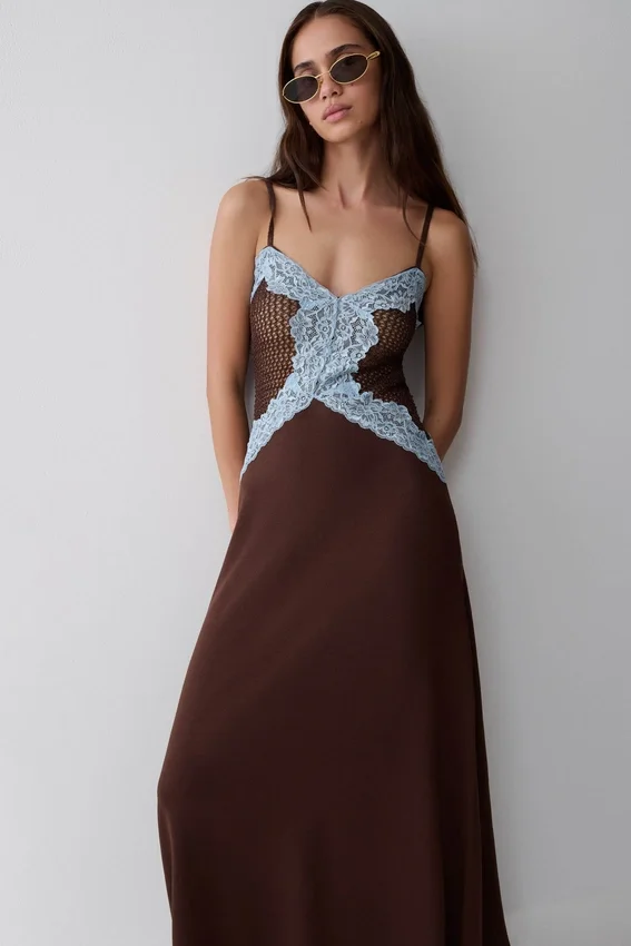 Bray Knit & Lace Maxi Dress – Chocolate/Blue Bray Knit & Lace Maxi Dress – Chocolate/Blue