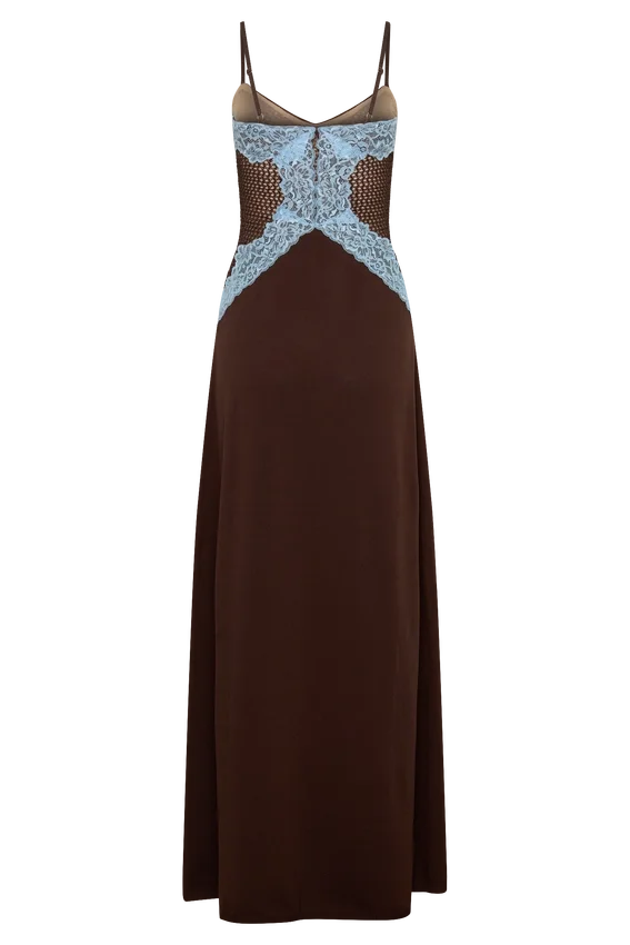 Bray Knit & Lace Maxi Dress – Chocolate/Blue Bray Knit & Lace Maxi Dress – Chocolate/Blue