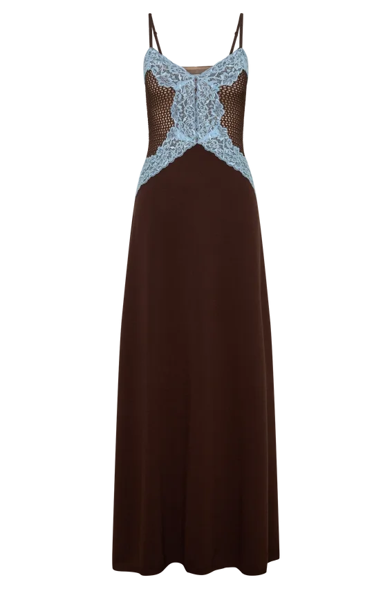Bray Knit & Lace Maxi Dress – Chocolate/Blue Bray Knit & Lace Maxi Dress – Chocolate/Blue