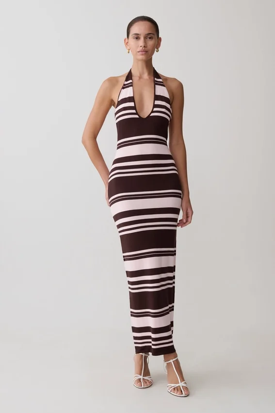 Brienne Stripe Midi Dress – Pink/Chocolate Brienne Stripe Midi Dress – Pink/Chocolate