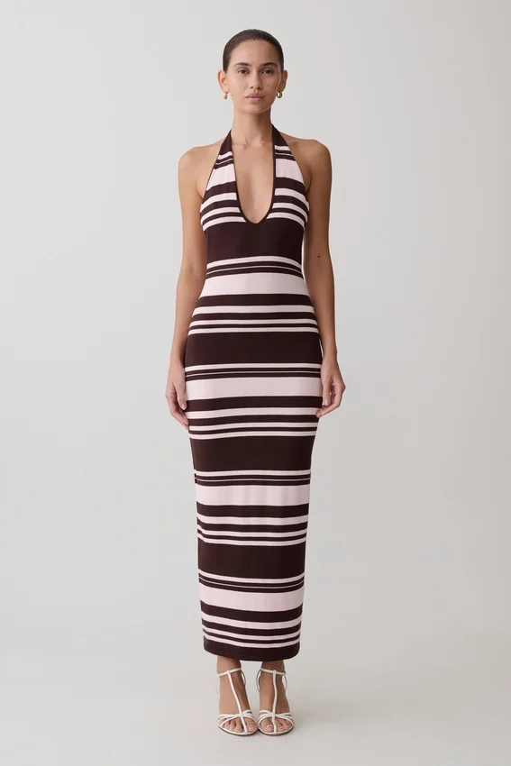 Brienne Stripe Midi Dress – Pink/Chocolate Brienne Stripe Midi Dress – Pink/Chocolate