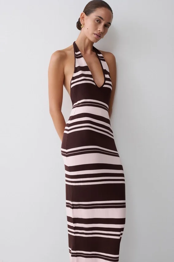Brienne Stripe Midi Dress – Pink/Chocolate Brienne Stripe Midi Dress – Pink/Chocolate