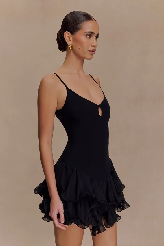 Calantha Ruffle Mesh Mini Dress – Black Calantha Ruffle Mesh Mini Dress – Black