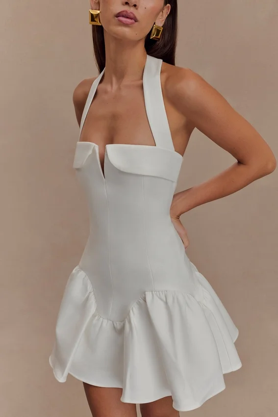 Calipso Halter Mini Dress – White Calipso Halter Mini Dress – White