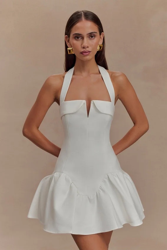 Calipso Halter Mini Dress – White Calipso Halter Mini Dress – White