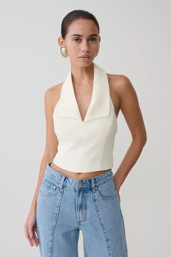 Calla Collared Sleeveless Halter Top – Ivory Calla Collared Sleeveless Halter Top – Ivory