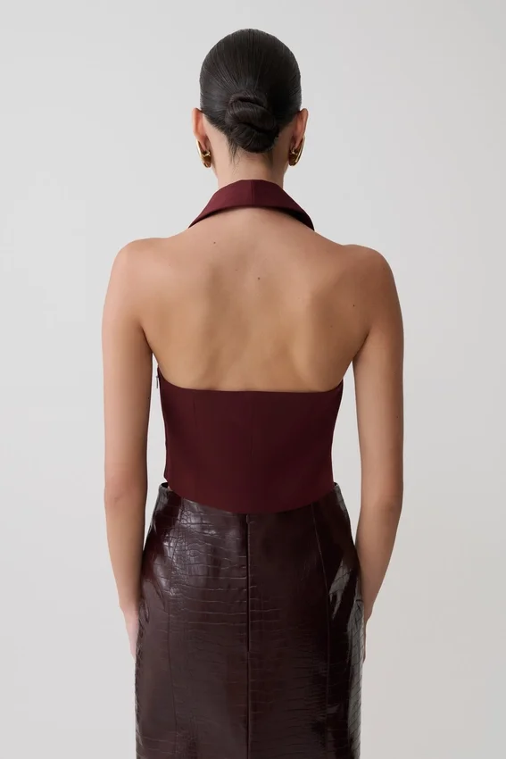 Calla Collared Sleeveless Halter Top – Merlot Calla Collared Sleeveless Halter Top – Merlot