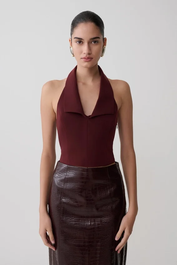Calla Collared Sleeveless Halter Top – Merlot Calla Collared Sleeveless Halter Top – Merlot