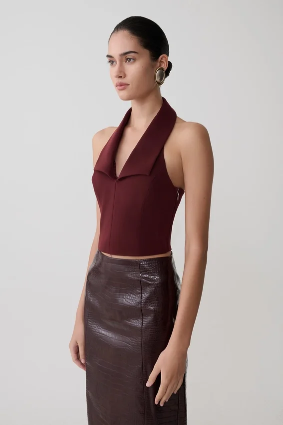 Calla Collared Sleeveless Halter Top – Merlot Calla Collared Sleeveless Halter Top – Merlot