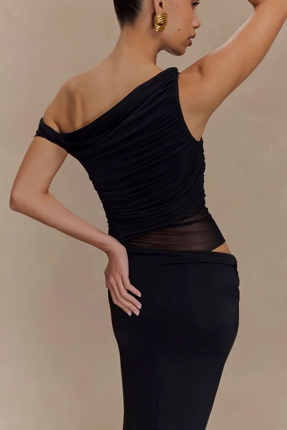 Callen One Shoulder Slinky Maxi Dress – Black Callen One Shoulder Slinky Maxi Dress – Black