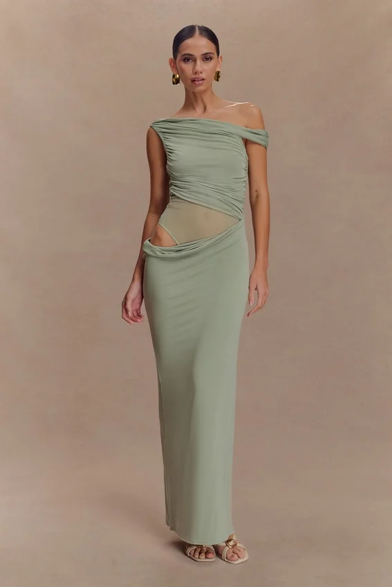 Callen One Shoulder Slinky Maxi Dress – Sage Callen One Shoulder Slinky Maxi Dress – Sage