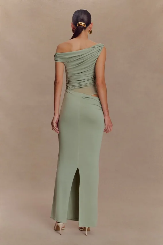 Callen One Shoulder Slinky Maxi Dress – Sage Callen One Shoulder Slinky Maxi Dress – Sage